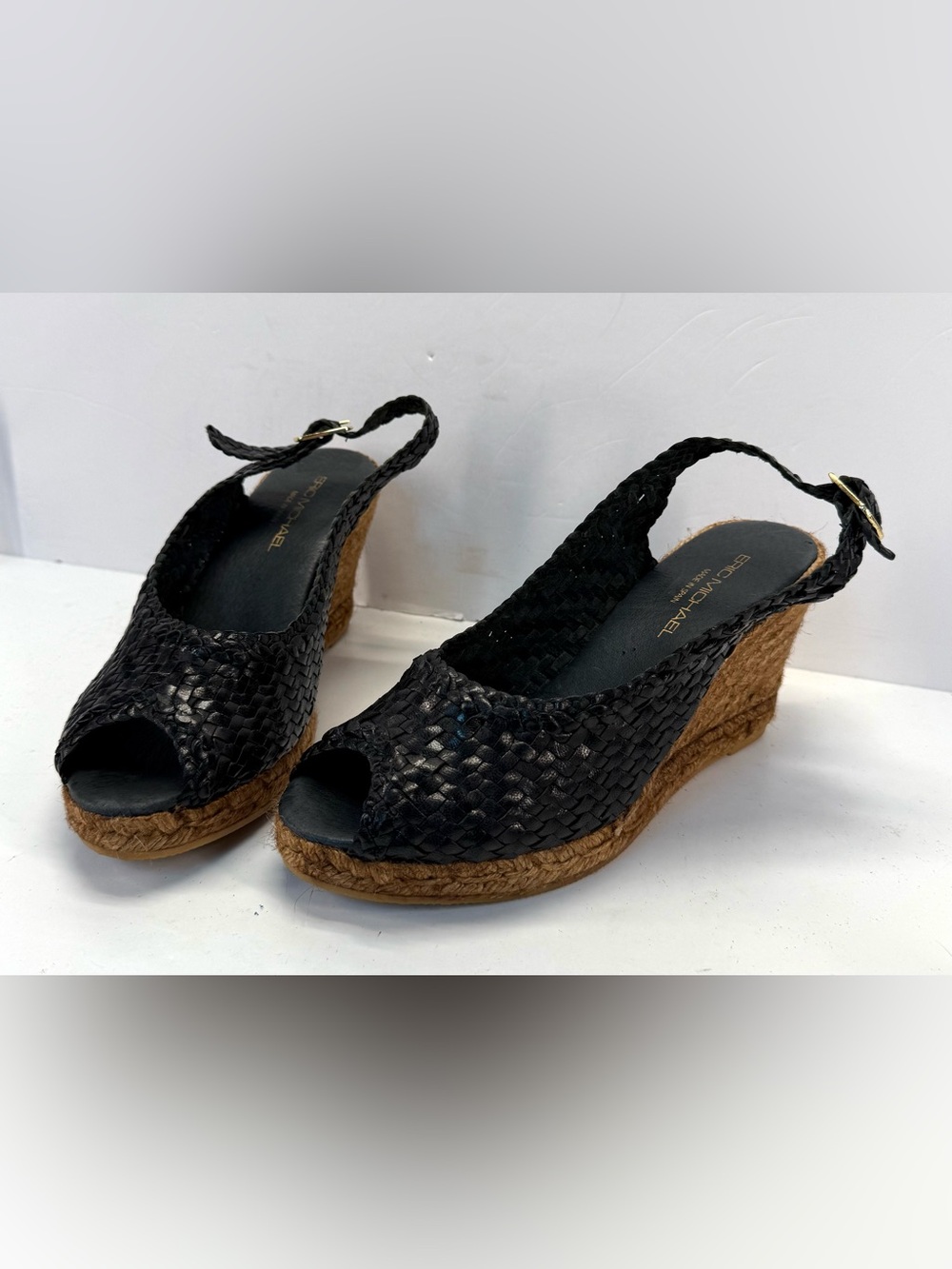 Eric Michael Spain Black Woven leather Peep-Toe Espadrille Wedge Sandals 8.5